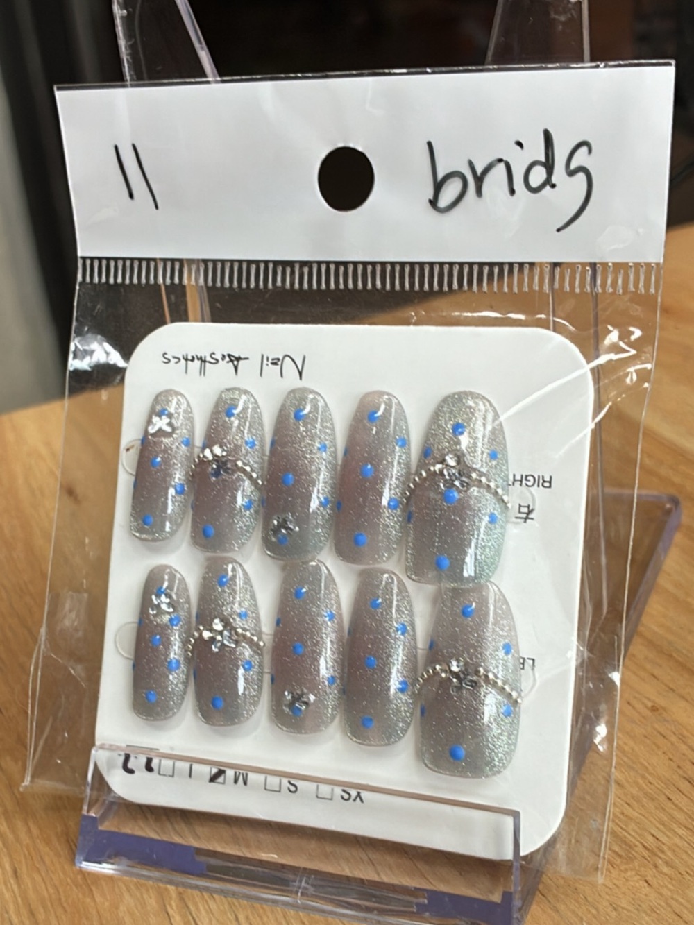 Silver Cat Eye & Blue Polka Dot Press-On Nails with Silver Charms (Medium)